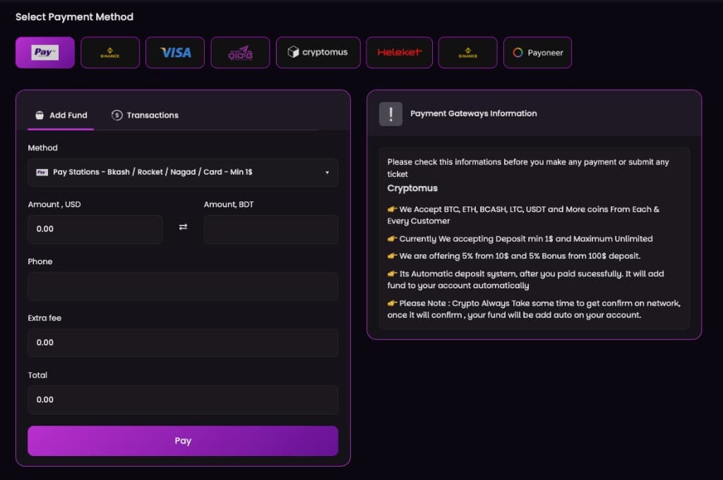 Growfollows add funds and payment methods preview