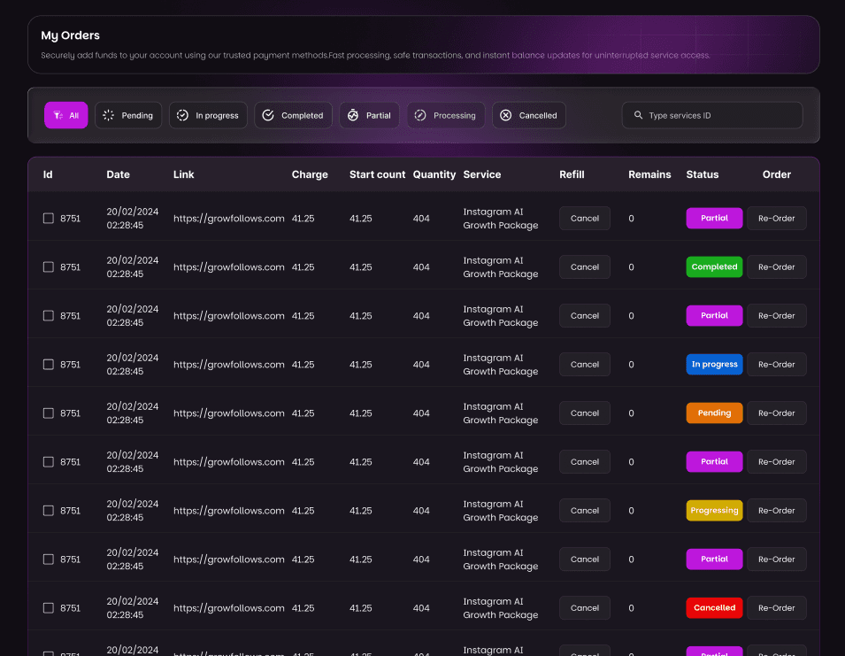 Growfollows order history preview